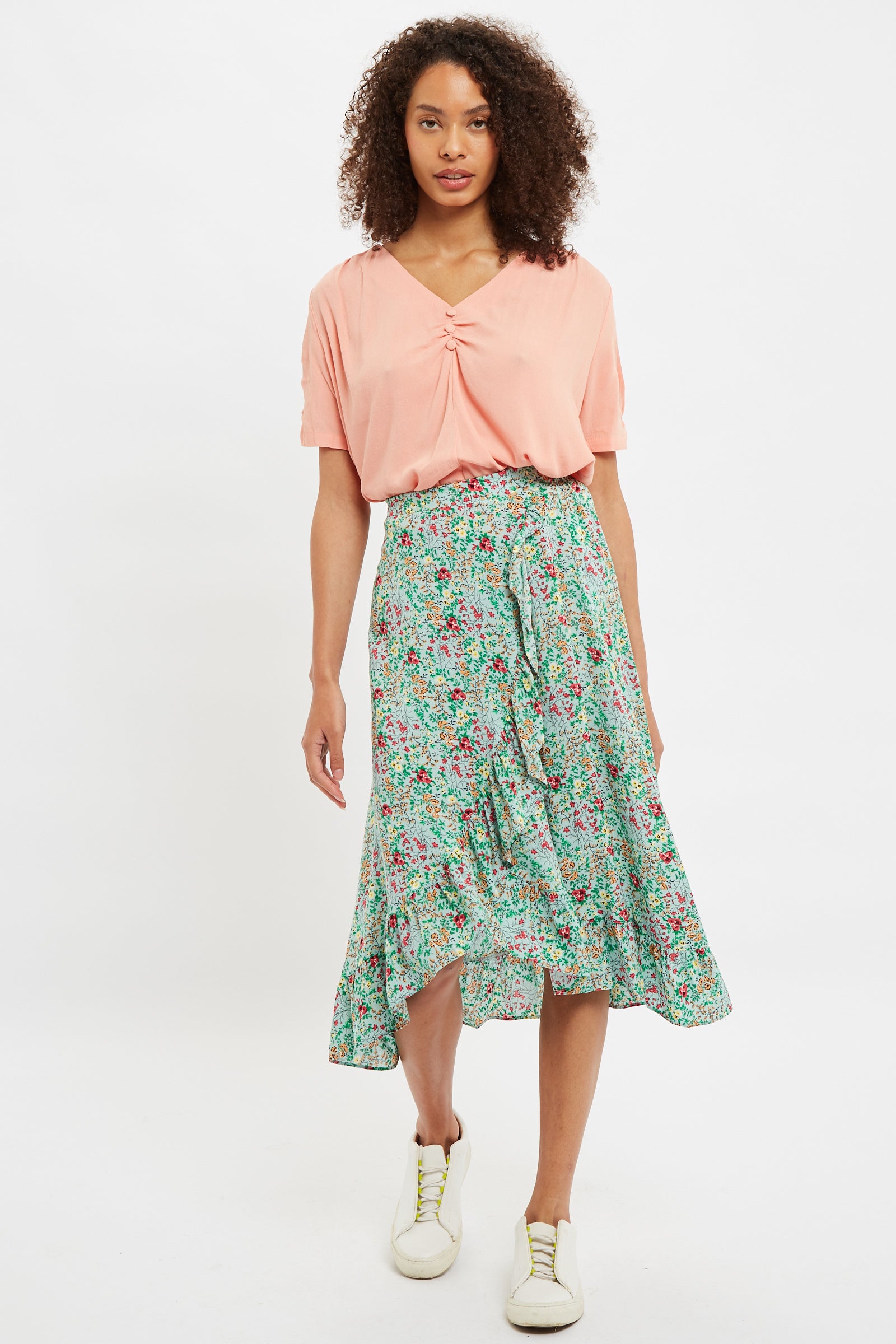 Floral ruffle wrap midi skirt best sale