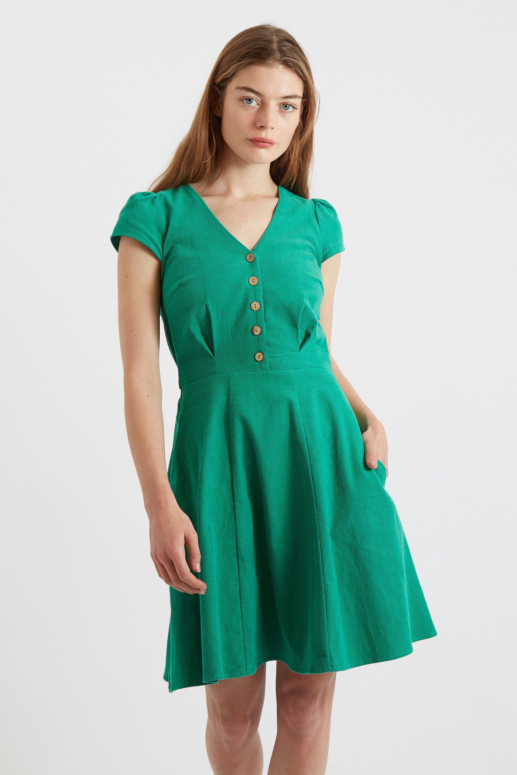 Louche Mollie Babycord Short Sleeve Shirt Dress Green