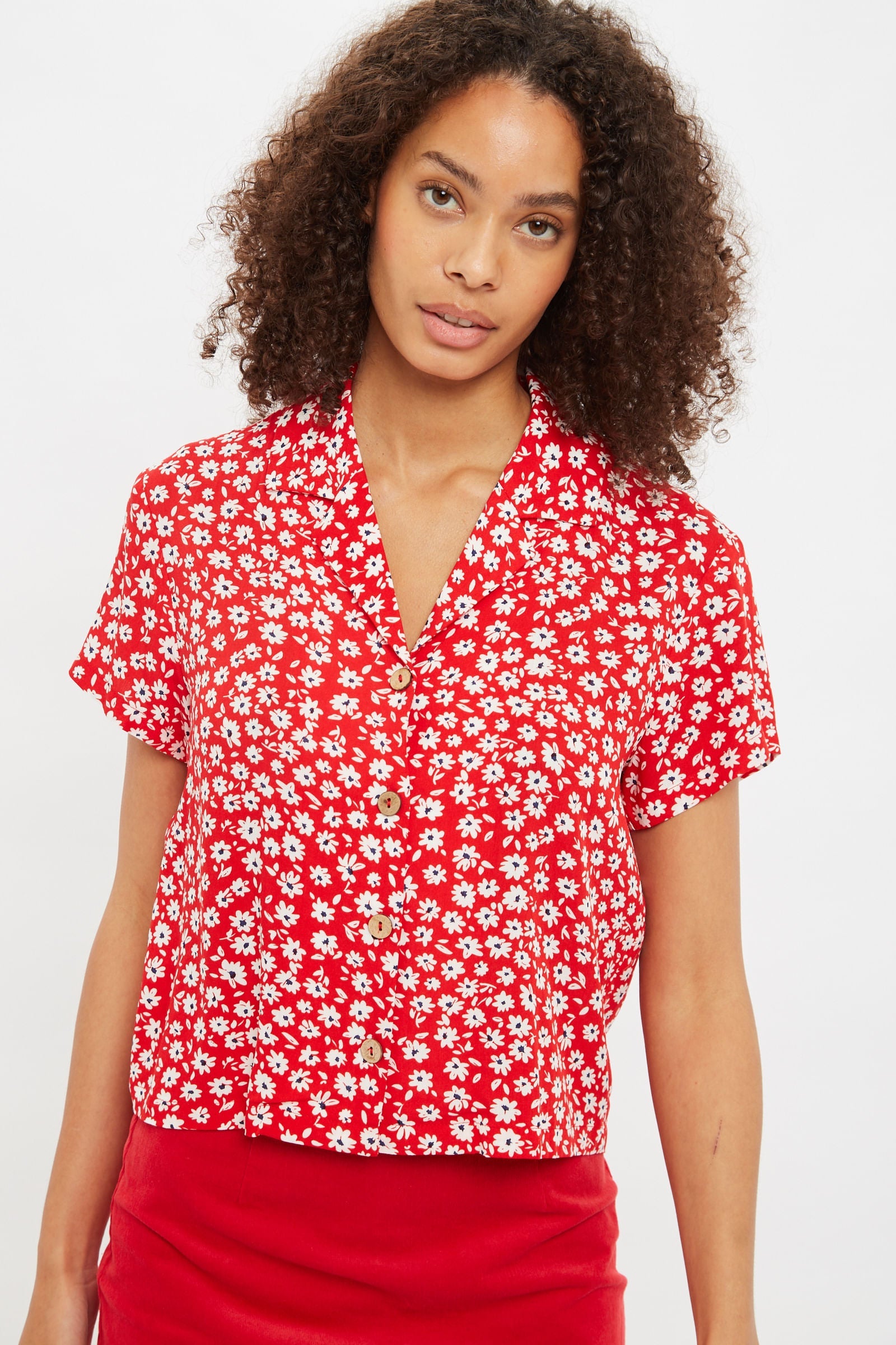 Louche Marika Flower Sketch Print Short Sleeve Shirt Red