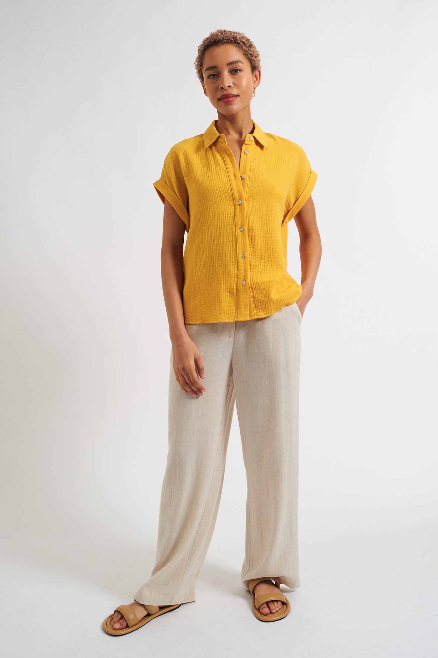 Abinaya Double Gauze Short Sleeved Shirt - Mustard