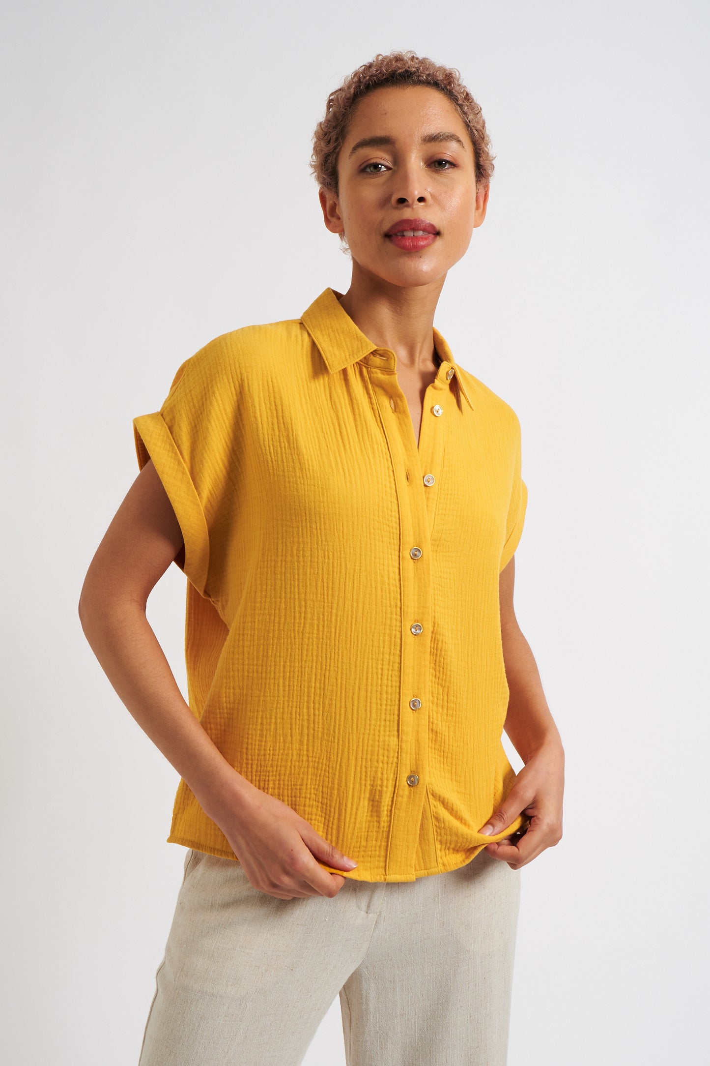 Abinaya Double Gauze Short Sleeved Shirt - Mustard