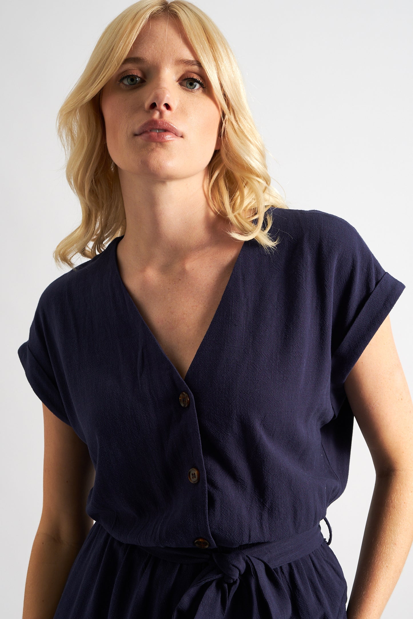 Adonia Linen Mix V-Neck Playsuit - Navy