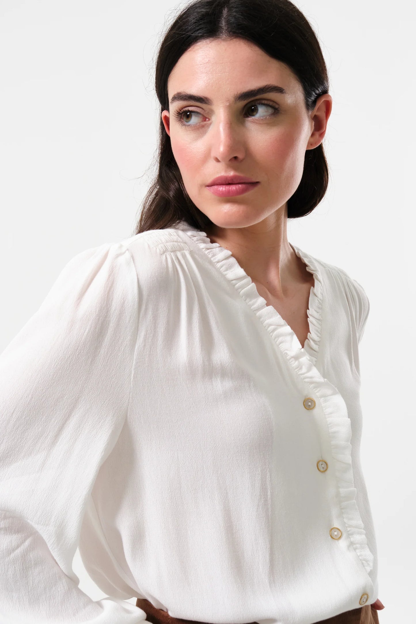 Alegra Moss Crepe Frill V-Neck Blouse