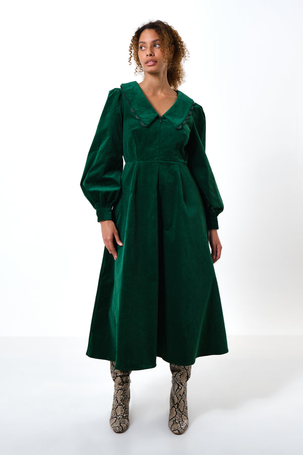 Alva Babycord Long Sleeve Midi Dress - Dark Green