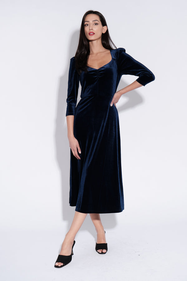 Ambrose Velvet Midi Dress in Navy