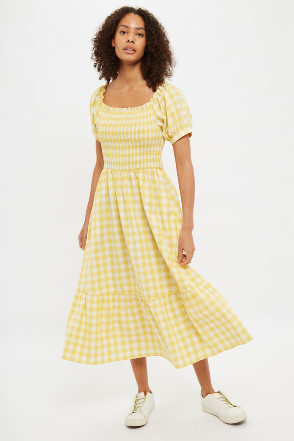 Louche Babette Picnic Checked Shirred Bodice Midi Dress