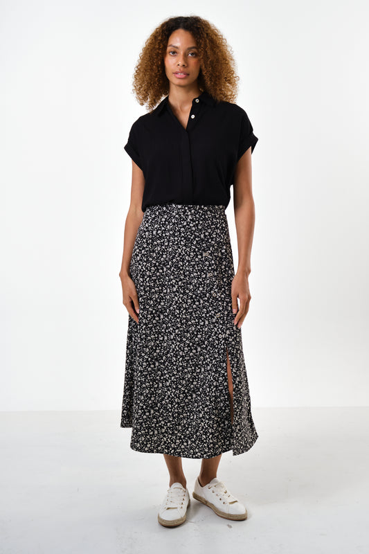 Barney Floral Print Midi Skirt in Black