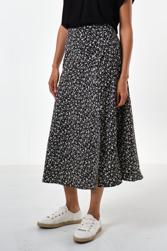 Barney Floral Print Midi Skirt in Black