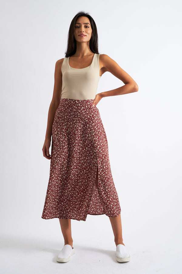 Barney Floral Print Midi Skirt Rust