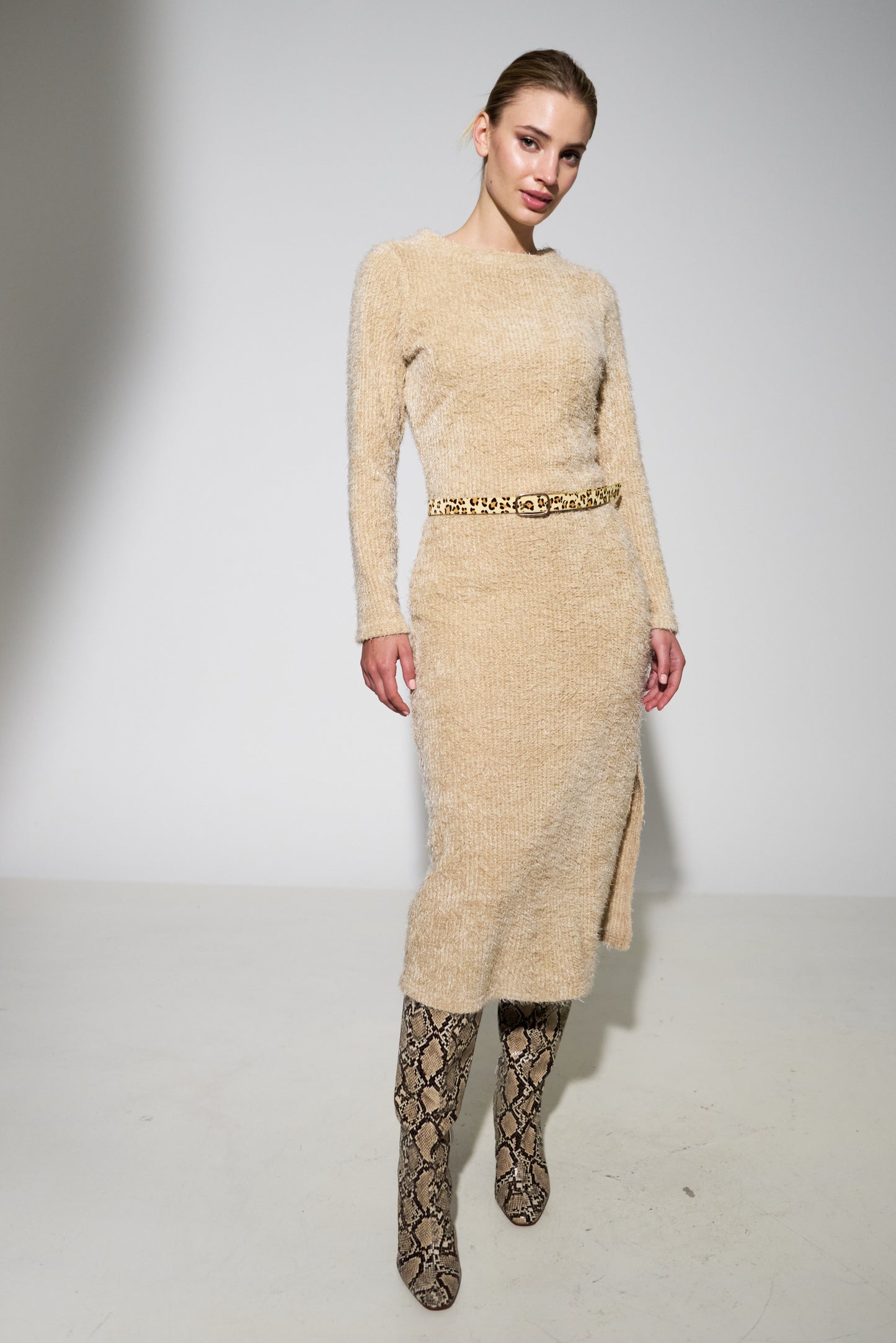 Guila Eyelash Rib Long Sleeve Midi Dress - Beige