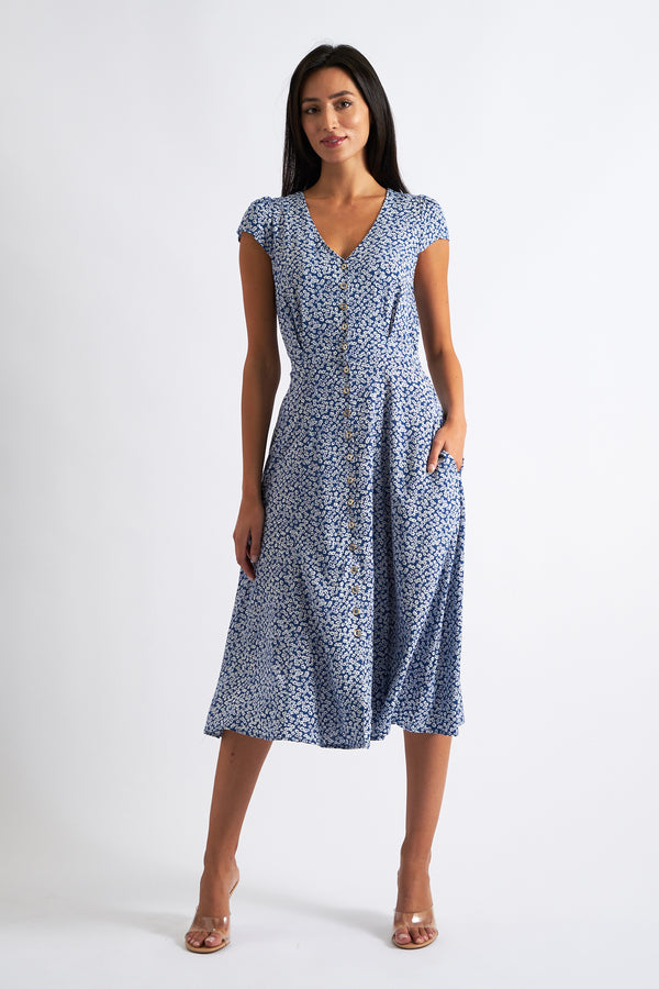 Cathy Ditsy Midi Tea Dress Blue