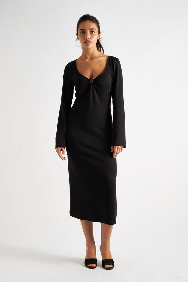 Charley Black Fine Rib Bodycon Midi Dress