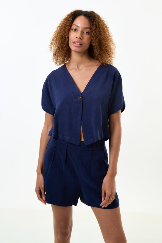 Cloe Linen Mix Waistcoat Top - Navy