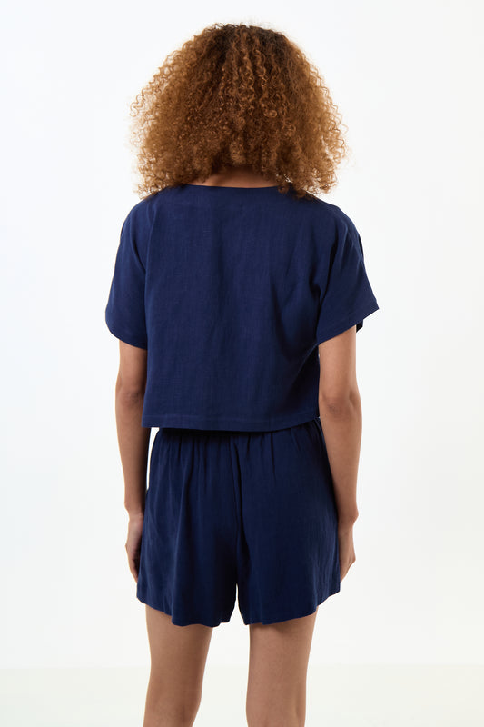 Cloe Linen Mix Waistcoat Top - Navy