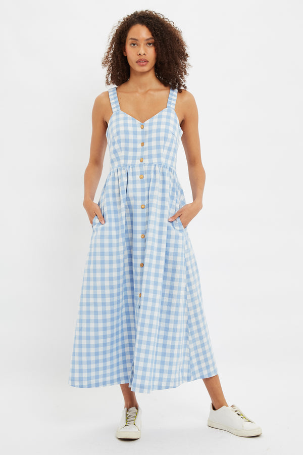 Clover Picnic Check Button Through Midi Sundress In Blue