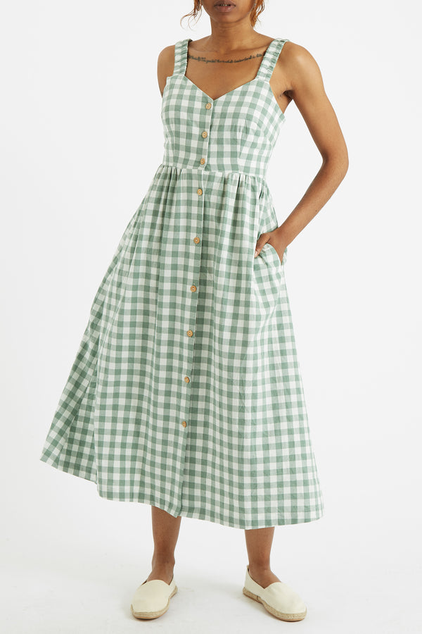 Clover Picnic Check Button Through Sundress - Green