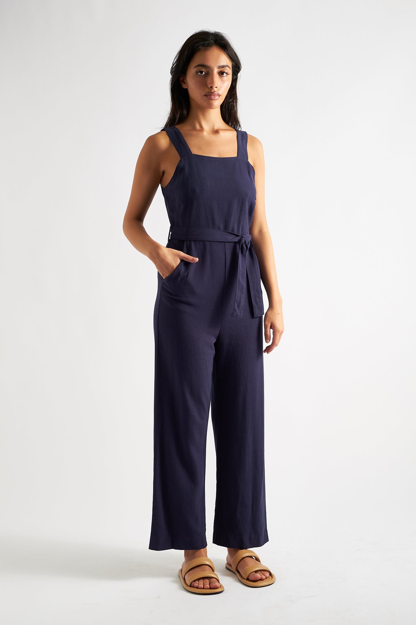 Dawson Linen Mix Strappy Jumpsuit - Navy