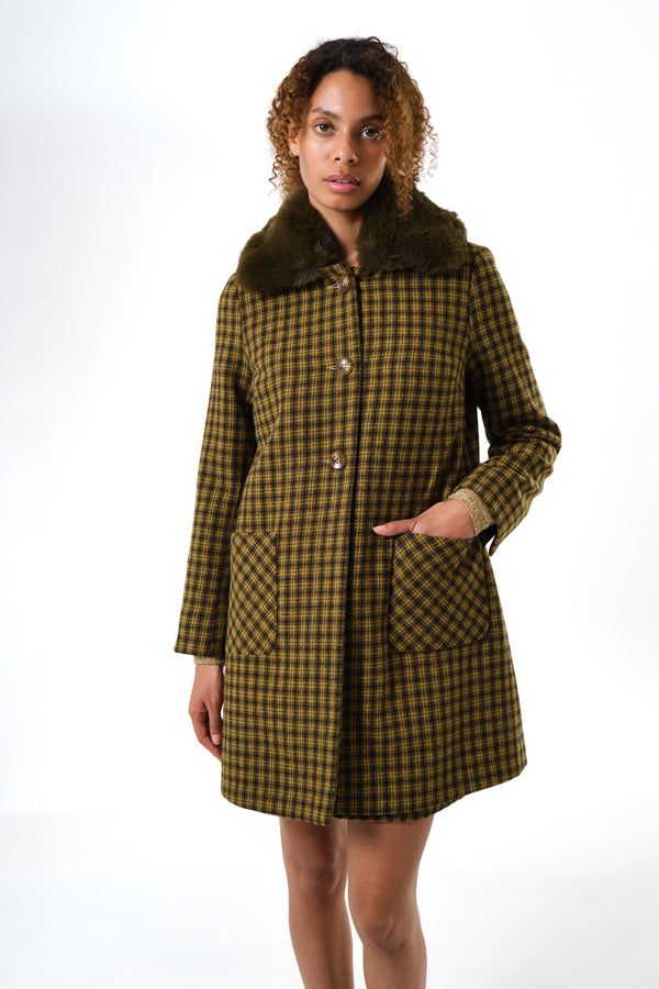 Dryden Wyoming Check Faux Fur Collar Coat - Mustard