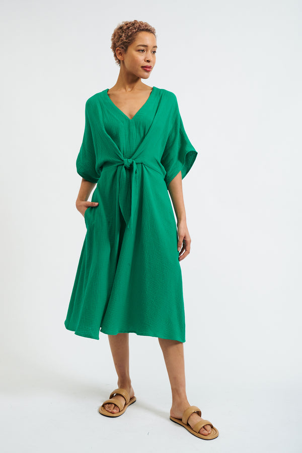 Elody Double Gauze Tie Waist Midi Dress - Green