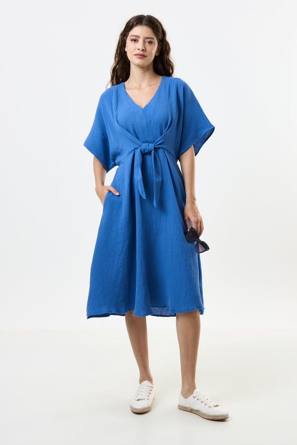 Elody Double Gauze Tie Waist Midi Dress - Blue