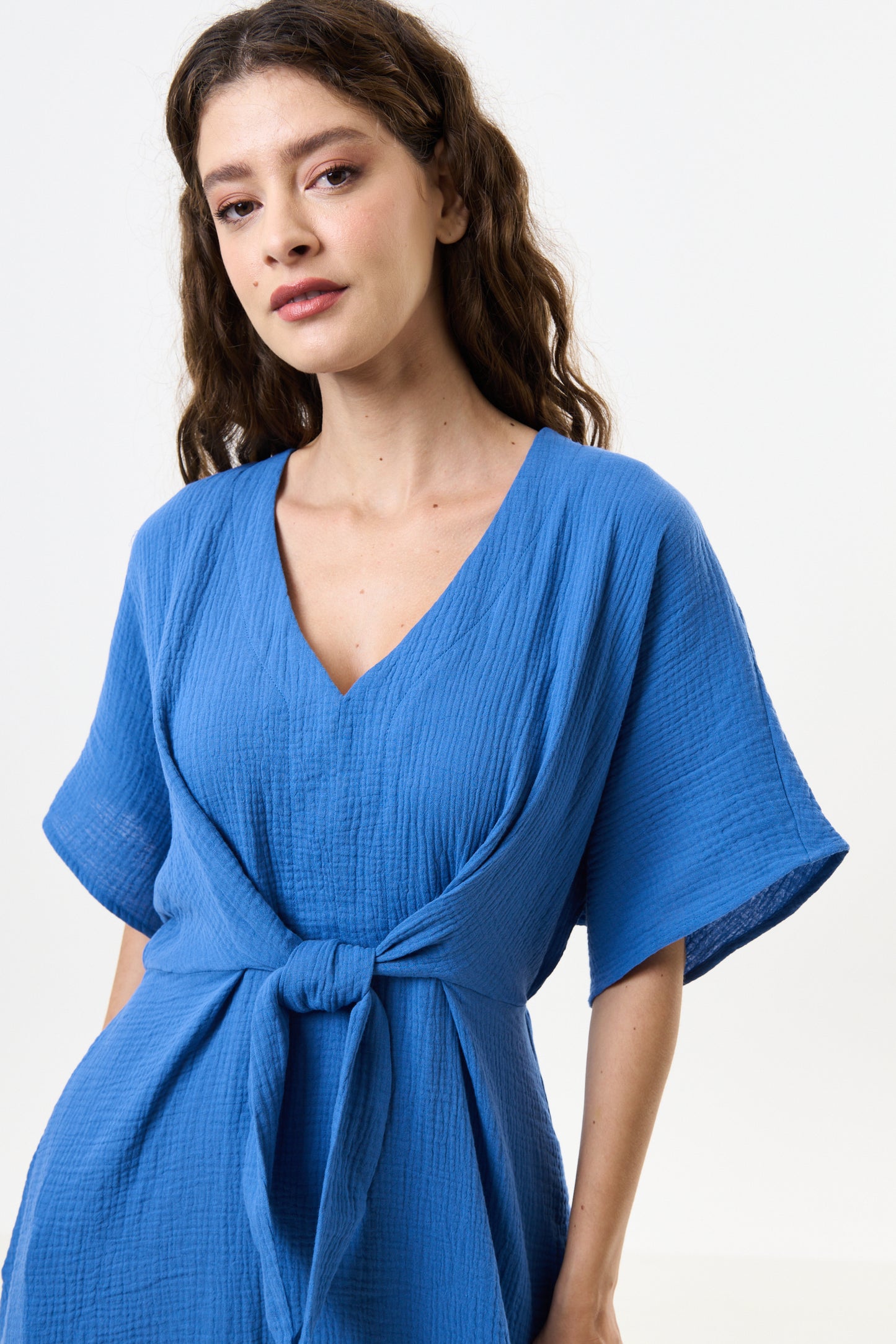 Elody Double Gauze Tie Waist Midi Dress - Blue