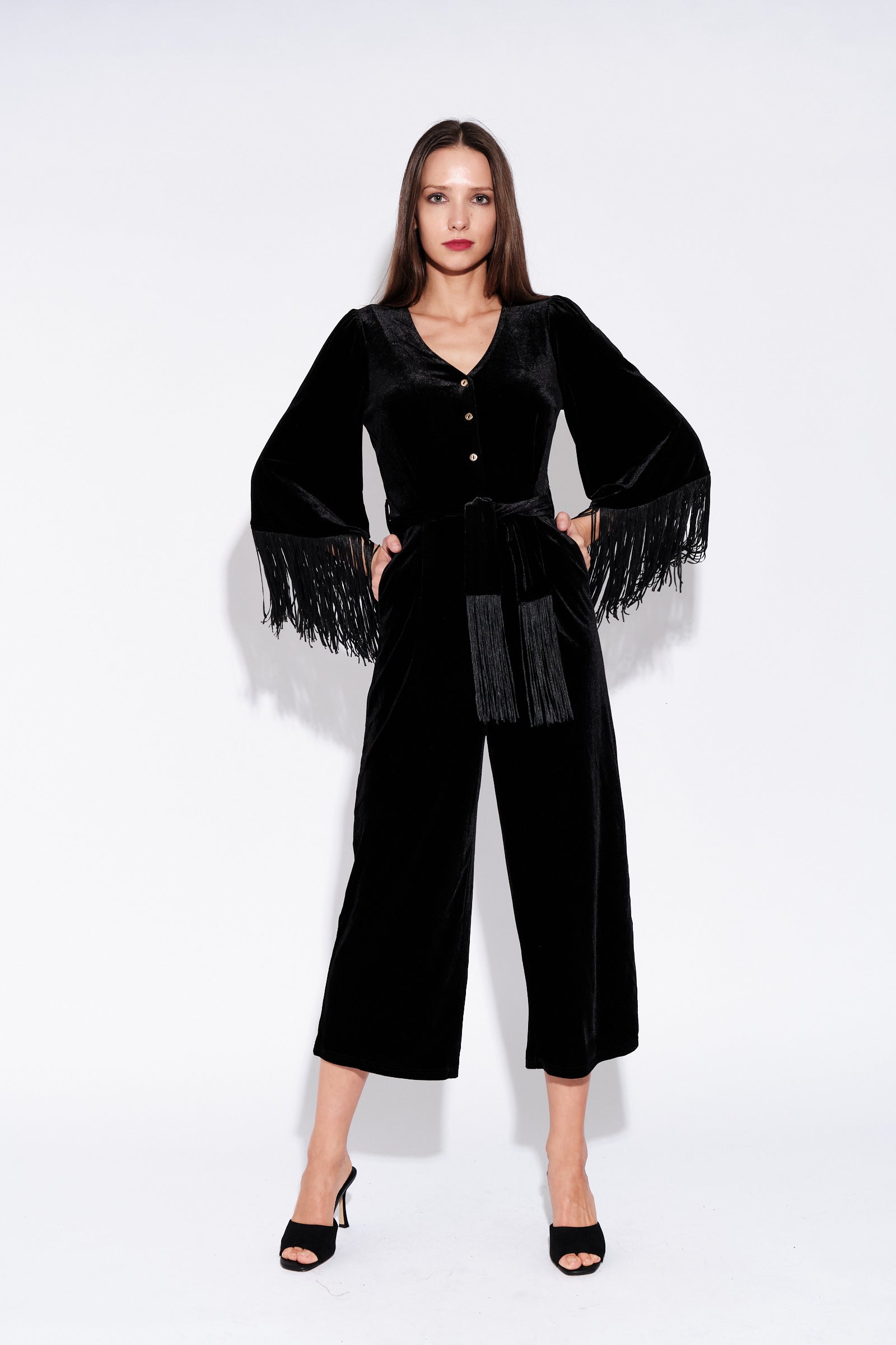 Elvis Fringe Sleeve Velvet Jumpsuit in Black – Louche