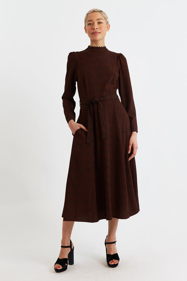 Everly Freckle Print Long Sleeve Midi Dress