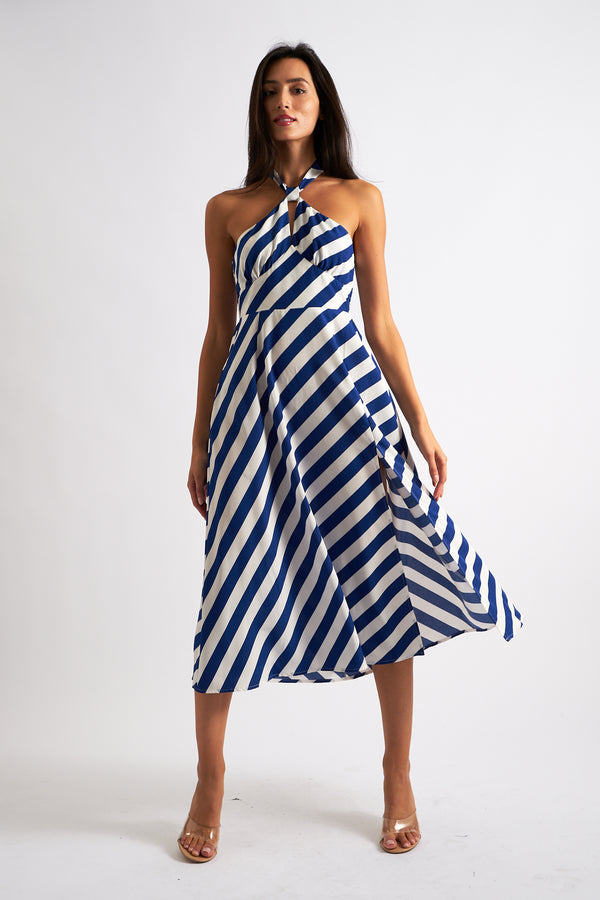 Geri Diagonal Lines Print Halter Midi Dress - Blue