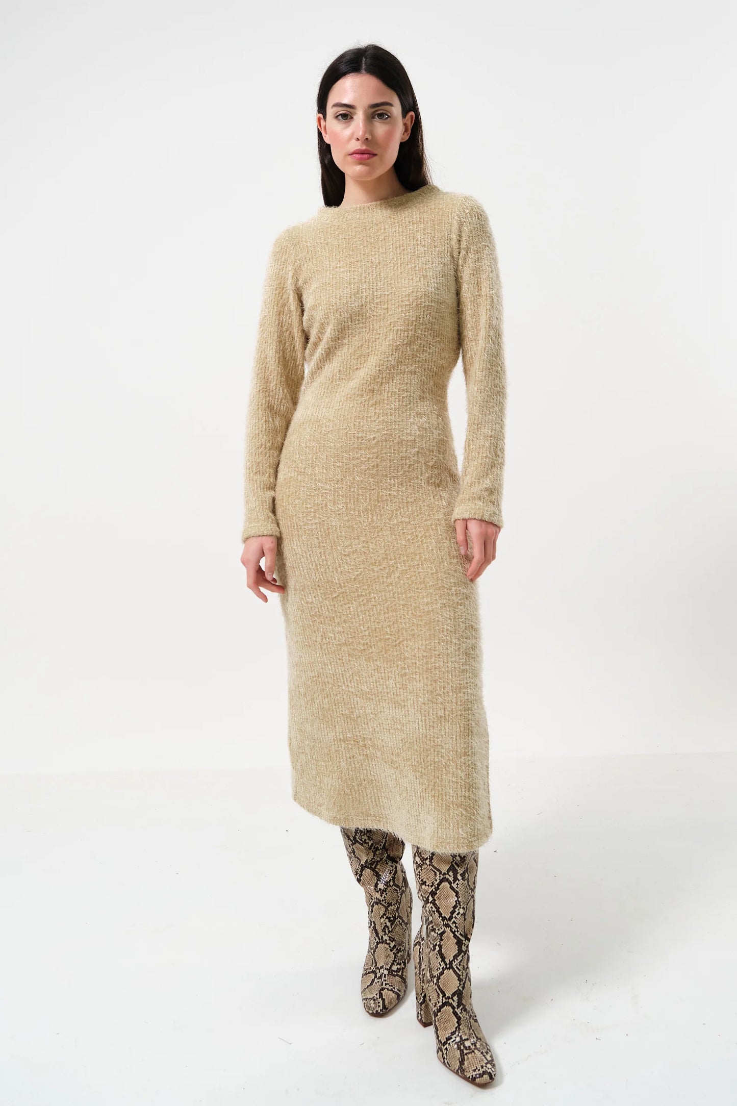 Guila Eyelash Rib Long Sleeve Midi Dress - Beige