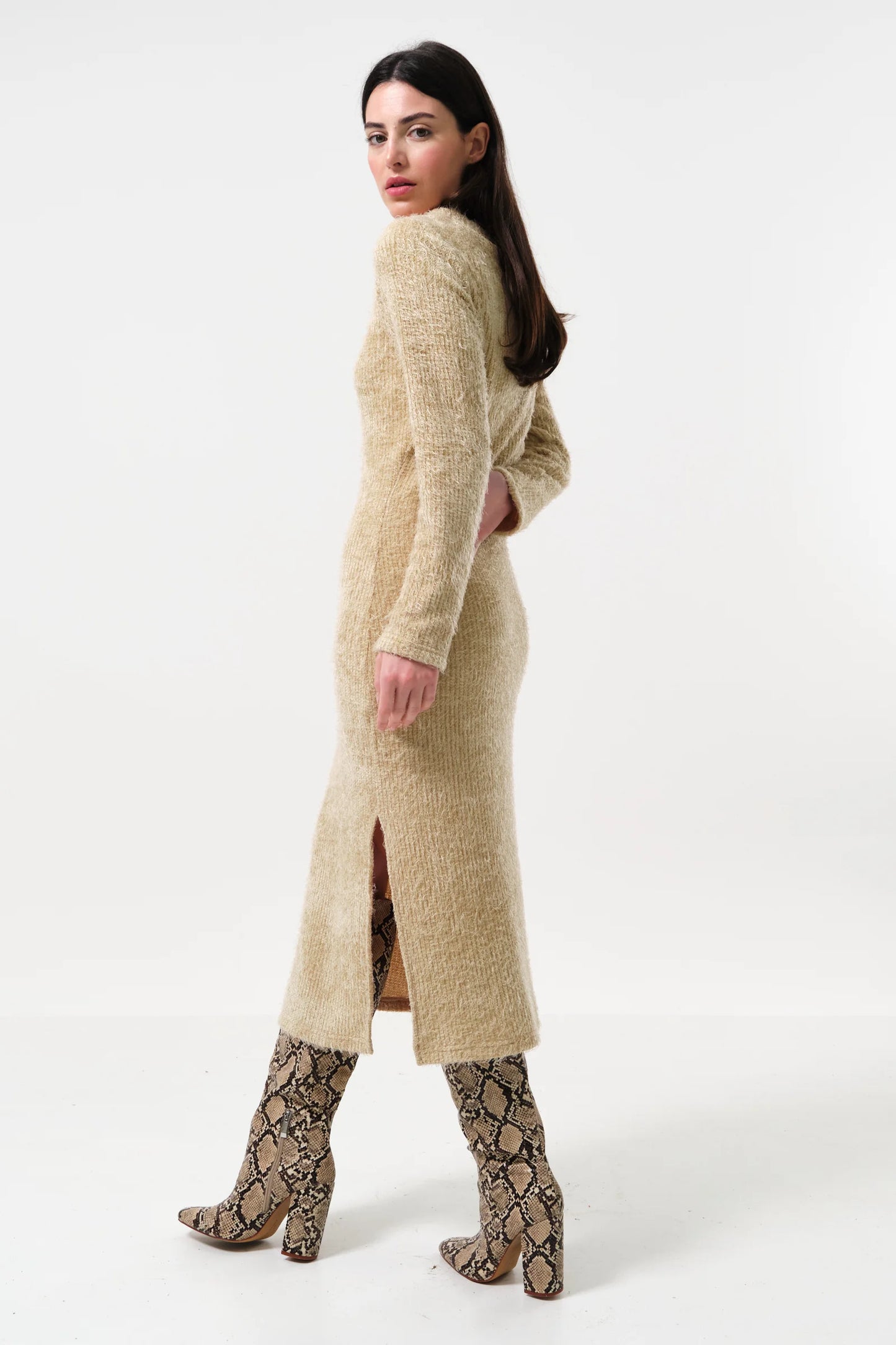 Guila Eyelash Rib Long Sleeve Midi Dress - Beige