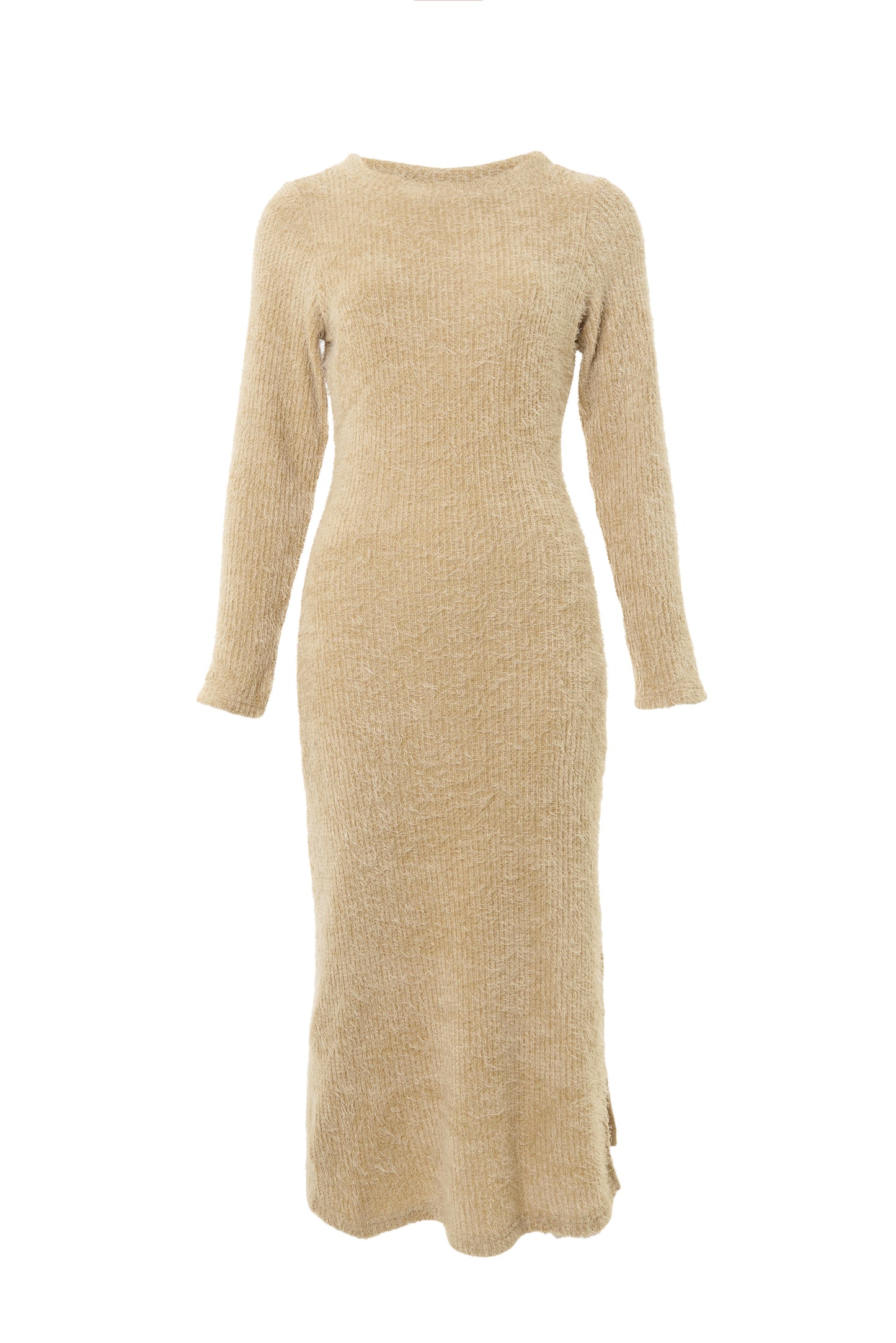 Guila Eyelash Rib Long Sleeve Midi Dress - Beige