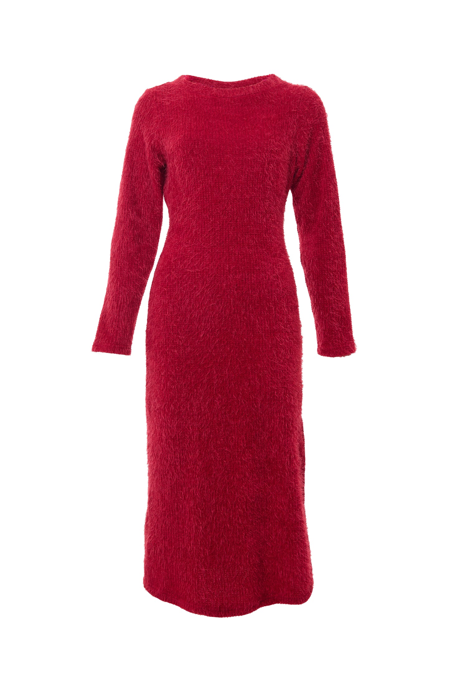 Guila Eyelash Rib Long Sleeve Midi Dress - Red