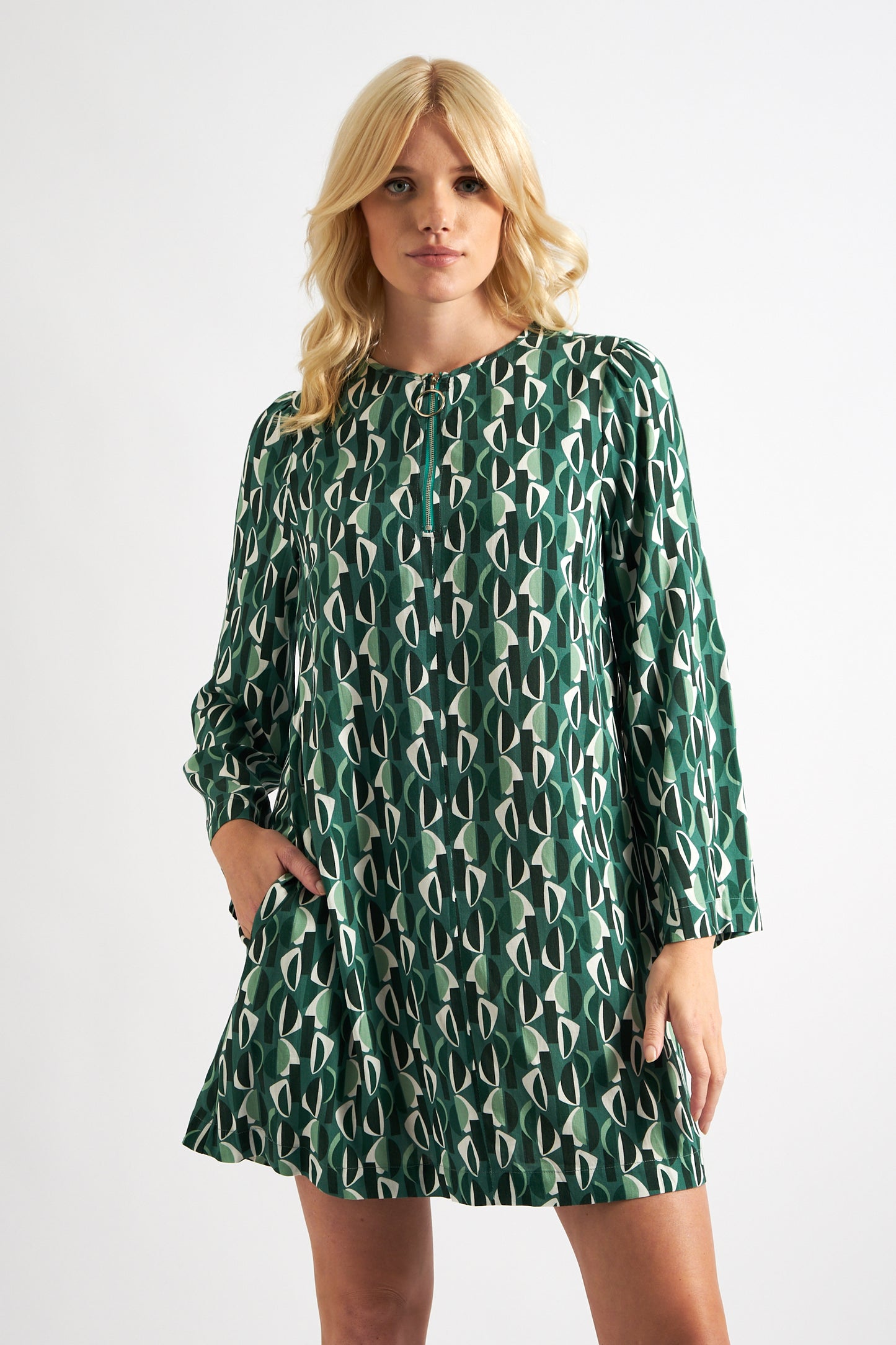 Gwenola Mid Century Retro Print Mini Dress - Green