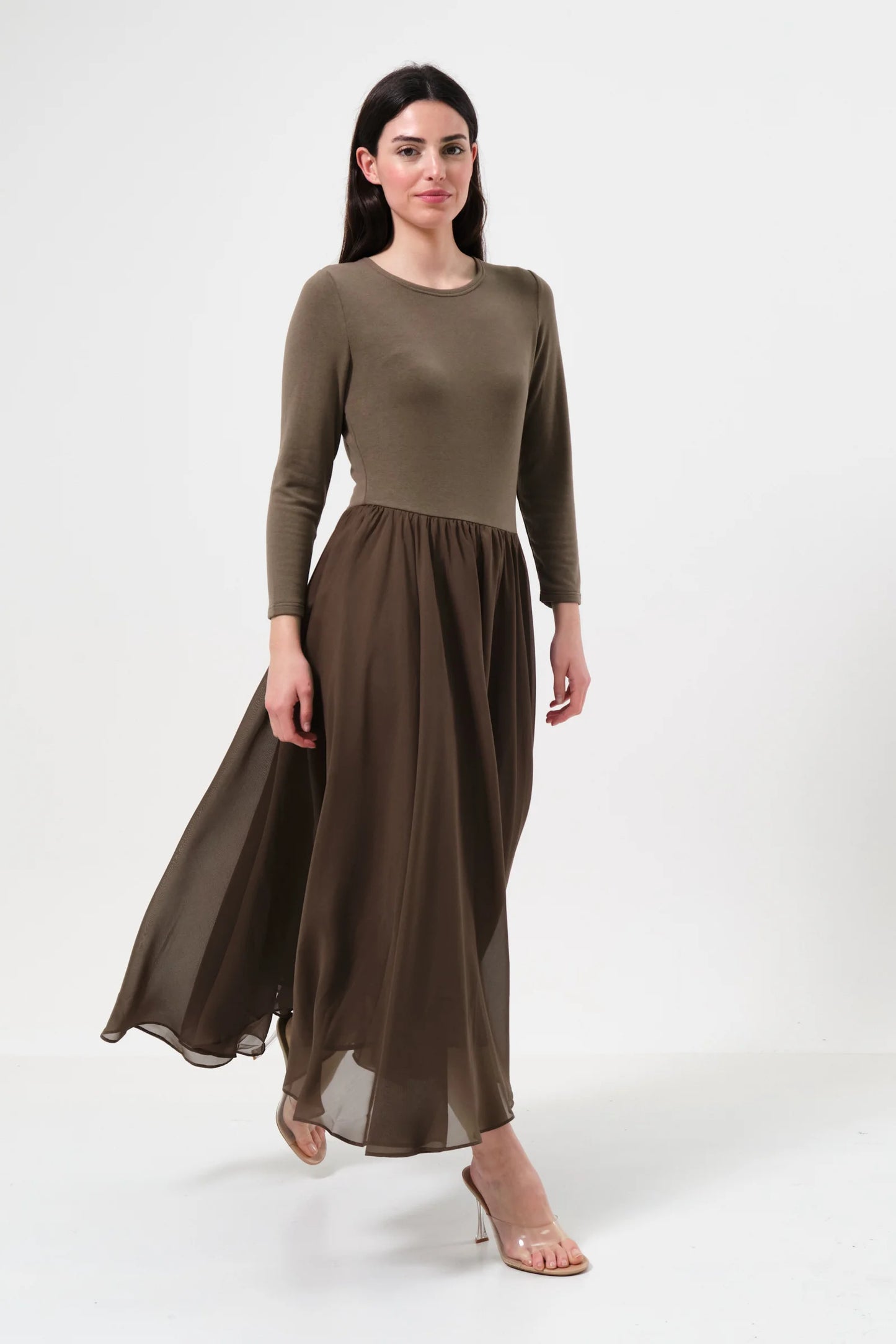 Huxley Jersey & Georgette Midi Dress - Mole