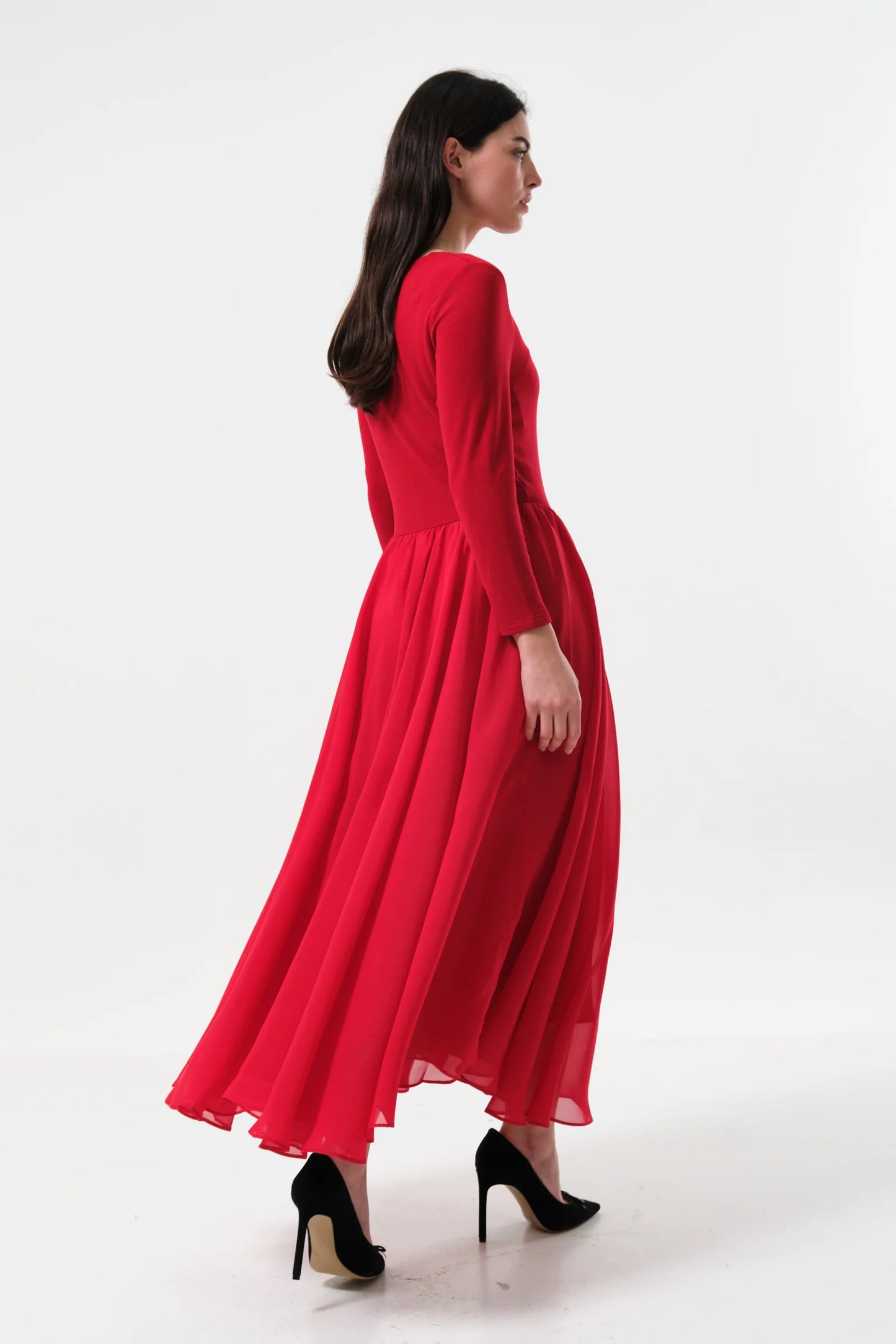 Huxley Jersey & Georgette Midi Dress - Red