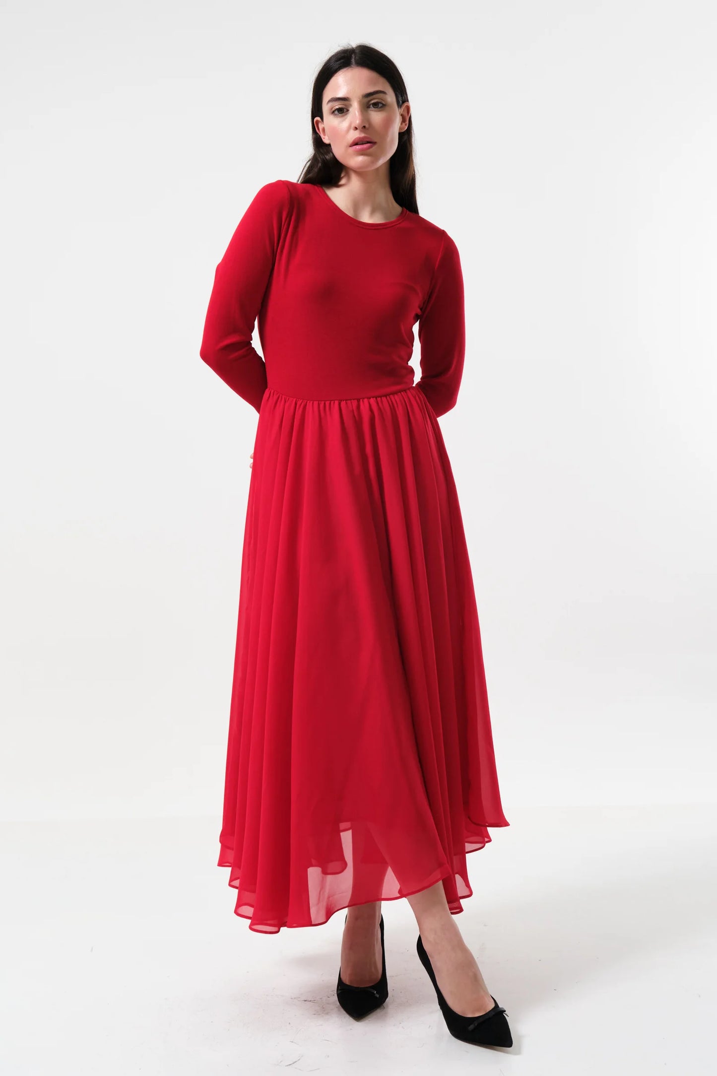 Huxley Jersey & Georgette Midi Dress - Red