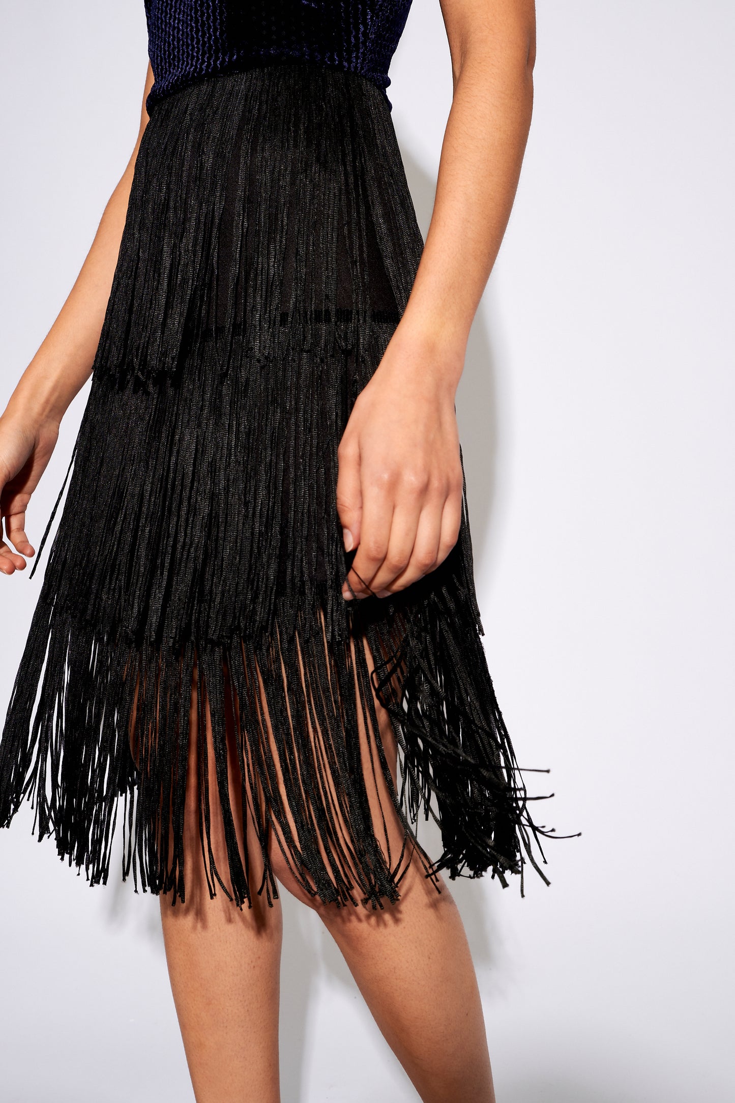 Karene Fringe Skirt Velvet Mini Dress in Navy