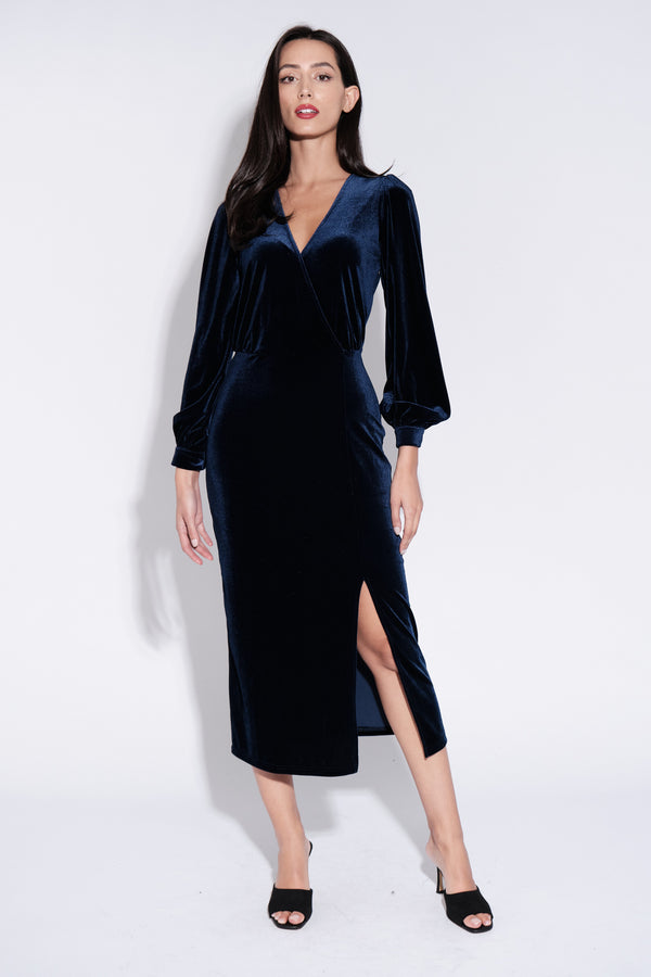 Karen Velvet Wrap Midi Dress in Navy