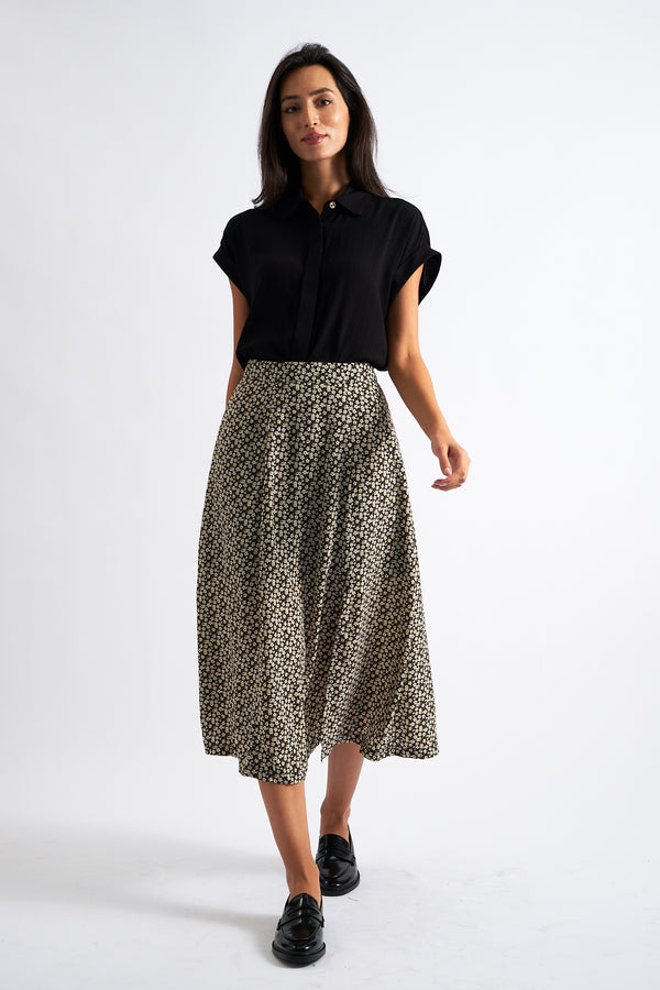 Kiyo Floral Print Midi Skirt Black