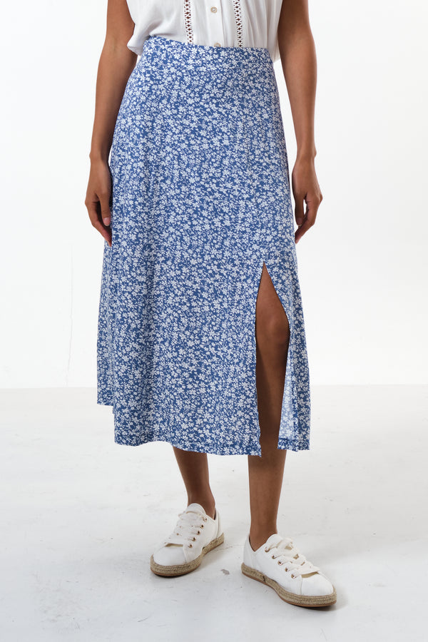 Kiyo Micro Blossom Print Midi Skirt In Blue