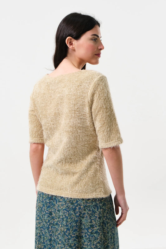 Laureen Eyelash Rib Short Sleeve Jumper - Beige