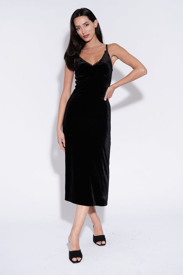 Lexa Velvet Slip Midi Dress in Black