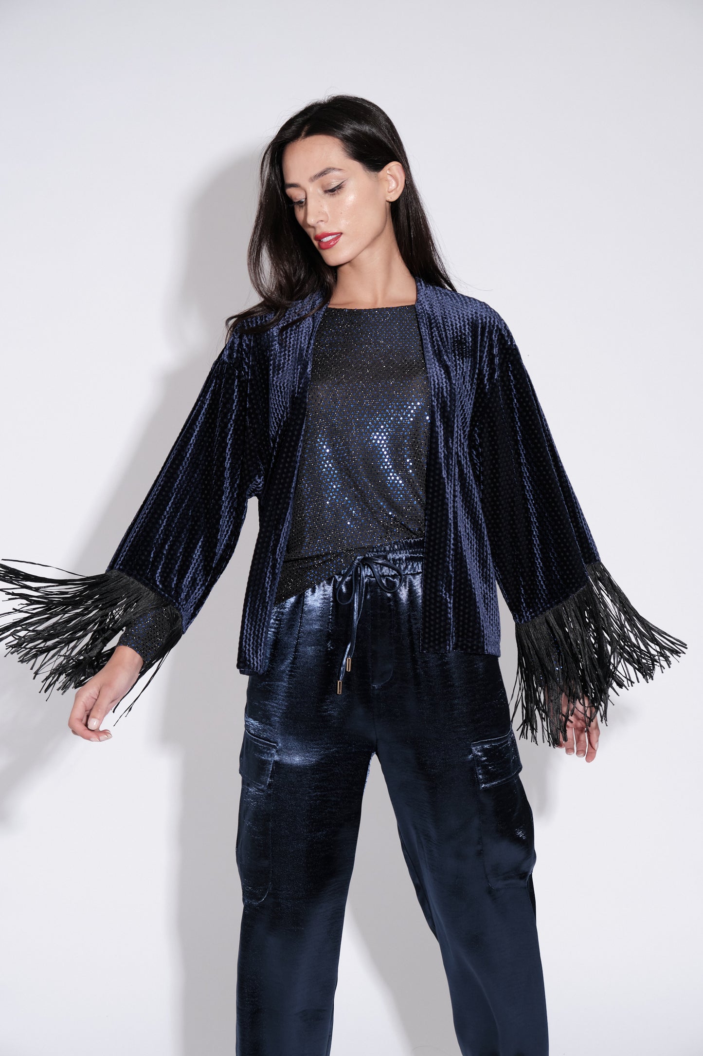 Lilo Fringe Trim Velvet Kimono Navy