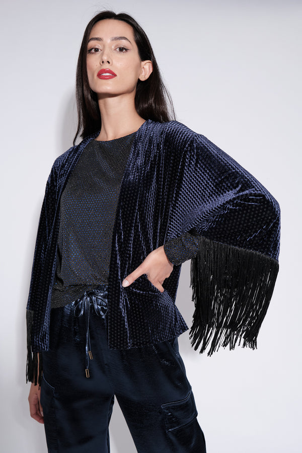 Lilo Fringe Trim Velvet Kimono Navy