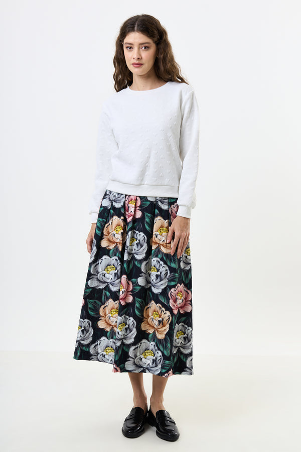 Lizea Peonies Print Pleated Midi Skirt - Black