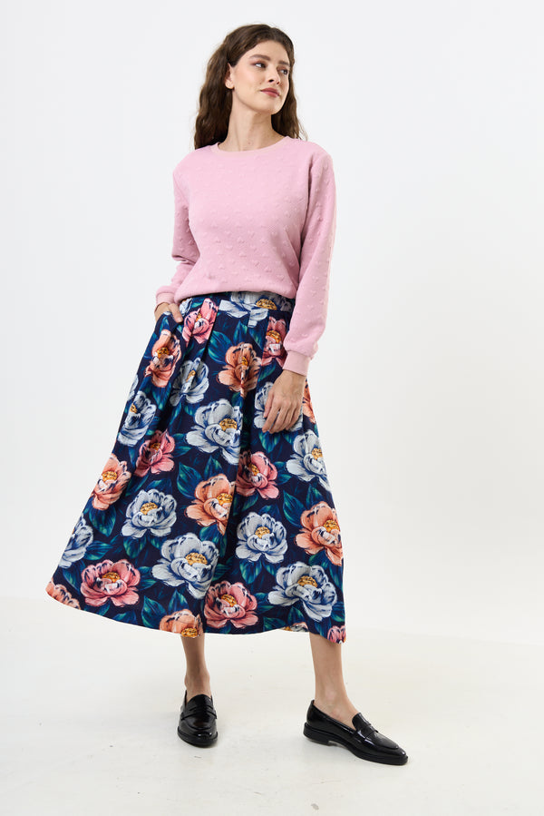 Lizea Peonies Print Pleated Midi Skirt - Navy