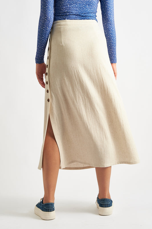 Lloyd Linen Mix Button Side Midi Skirt - Natural