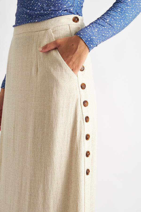 Lloyd Linen Mix Button Side Midi Skirt - Natural