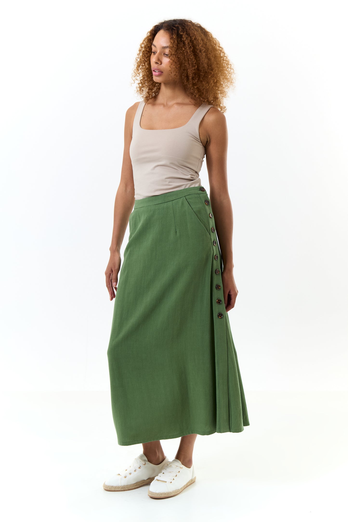 Lloyd Linen Mix Button Side Midi Skirt - Green