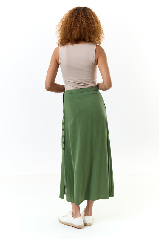 Lloyd Linen Mix Button Side Midi Skirt - Green